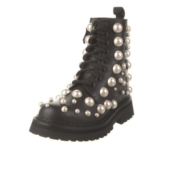 Moschino Leather Pearl Embellished Platform Combat Black Boots Size 36 - Picture 2 of 5